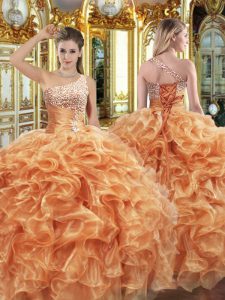 Elegant Floor Length Orange Vestidos de Quinceanera One Shoulder Sleeveless Lace Up