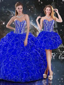 Unique Floor Length Lace Up Quince Ball Gowns Royal Blue for Military Ball and Sweet 16 and Quinceanera with Beading and Ruffles