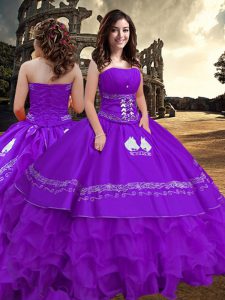 Strapless Sleeveless Taffeta Quinceanera Dresses Embroidery and Ruffled Layers Zipper