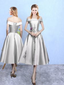 Inexpensive A-line Dama Dress Silver Off The Shoulder Taffeta Sleeveless Tea Length Lace Up