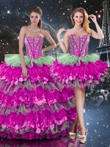 Flare Multi-color Ball Gowns Beading and Ruffles and Ruffled Layers Quinceanera Gowns Lace Up Organza Sleeveless Floor Length