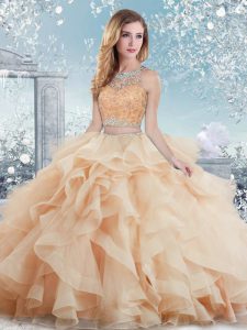 Peach Ball Gowns Scoop Sleeveless Organza Floor Length Clasp Handle Beading and Ruffles Vestidos de Quinceanera
