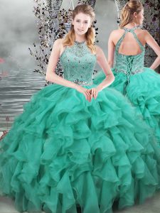 Most Popular Beading and Ruffles Quinceanera Dresses Turquoise Lace Up Sleeveless Brush Train