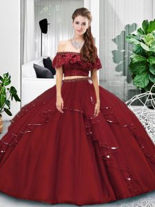 Two Pieces Quinceanera Dresses Burgundy Off The Shoulder Tulle Sleeveless Floor Length Lace Up