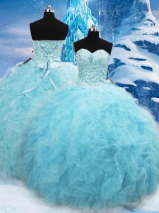 Ideal Floor Length Lace Up Quinceanera Gowns Aqua Blue for Military Ball and Sweet 16 and Quinceanera with Beading and Pick Ups