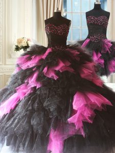 Stylish Pink And Black Lace Up Sweetheart Beading and Ruffles Sweet 16 Dresses Tulle Sleeveless