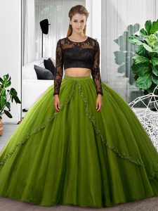 High Class Olive Green Tulle Backless Scoop Long Sleeves Floor Length 15th Birthday Dress Lace and Ruching