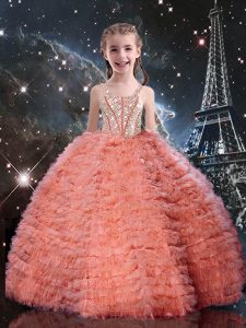 Straps Sleeveless Tulle Little Girls Pageant Gowns Beading and Ruffled Layers Lace Up
