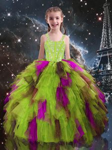 Wonderful Yellow Green Straps Neckline Beading and Ruffles Girls Pageant Dresses Sleeveless Lace Up