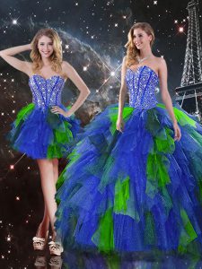 Beautiful Multi-color Quince Ball Gowns Military Ball and Sweet 16 and Quinceanera with Beading and Ruffles Sweetheart Sleeveless Lace Up