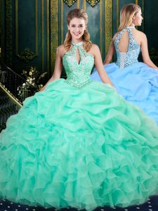Gorgeous Sleeveless Organza Floor Length Lace Up 15 Quinceanera Dress in Apple Green with Beading and Ruffles and Pick Ups