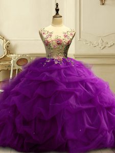 Fashion Appliques and Ruffles and Sequins Quinceanera Dress Purple Lace Up Sleeveless Floor Length