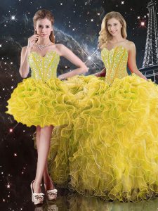Sleeveless Floor Length Beading and Ruffles Lace Up Quinceanera Gown with Yellow