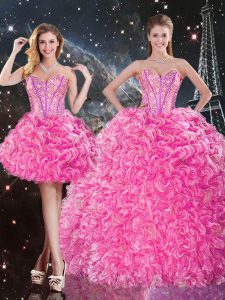 Glittering Rose Pink Sleeveless Floor Length Beading and Ruffles Lace Up Ball Gown Prom Dress