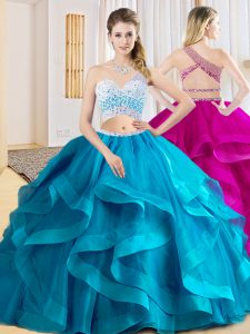 Glorious Sleeveless Floor Length Beading and Ruffles Criss Cross Quince Ball Gowns with Baby Blue