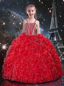 Beautiful Coral Red Sleeveless Beading and Ruffles Floor Length Little Girls Pageant Dress Wholesale