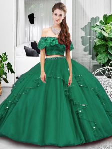 Dark Green Lace Up Off The Shoulder Lace and Ruffles Ball Gown Prom Dress Tulle Sleeveless