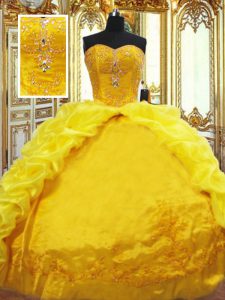 Popular Gold Lace Up Sweetheart Beading and Embroidery and Pick Ups 15 Quinceanera Dress Taffeta Sleeveless Brush Train