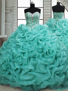 Turquoise Organza Lace Up Sweetheart Sleeveless Quince Ball Gowns Brush Train Beading and Pick Ups