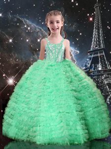 Custom Fit Apple Green Tulle Lace Up Straps Sleeveless Floor Length Child Pageant Dress Beading and Ruffled Layers