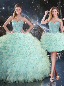 Exquisite Floor Length Turquoise 15 Quinceanera Dress Organza Sleeveless Beading and Ruffles
