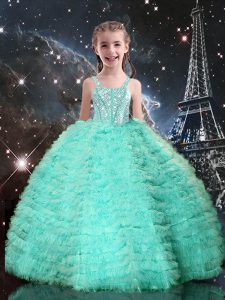 Floor Length Lace Up Girls Pageant Dresses Turquoise for Quinceanera and Wedding Party with Beading and Ruffled Layers