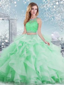 Custom Design Floor Length Clasp Handle Sweet 16 Dresses Apple Green for Military Ball and Sweet 16 and Quinceanera with Beading and Ruffles