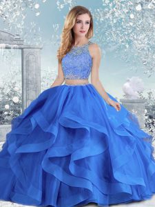 Lovely Organza Scoop Long Sleeves Clasp Handle Beading and Ruffles Sweet 16 Dresses in Royal Blue
