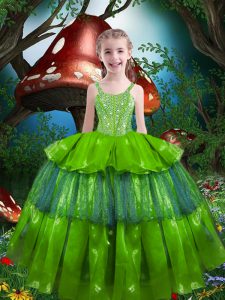 Organza Lace Up Little Girls Pageant Dress Sleeveless Floor Length Beading and Ruffled Layers