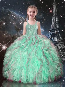 Eye-catching Floor Length Turquoise Little Girl Pageant Dress Organza Sleeveless Beading and Ruffles