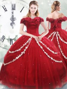 Smart Wine Red Tulle Lace Up Off The Shoulder Sleeveless Sweet 16 Dress Brush Train Appliques and Pick Ups