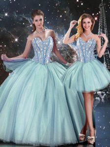 Free and Easy Light Blue Tulle Lace Up Sweetheart Sleeveless Floor Length Quinceanera Dresses Beading