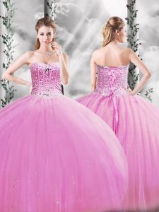 Eye-catching Lilac Ball Gowns Beading Sweet 16 Dresses Lace Up Tulle Sleeveless Floor Length