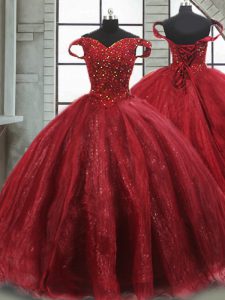 Simple Ball Gowns Sleeveless Wine Red Sweet 16 Quinceanera Dress Brush Train Lace Up