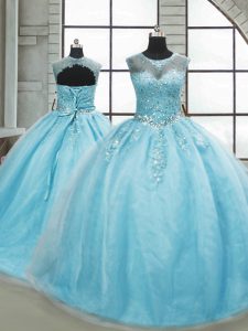 Aqua Blue Sleeveless Brush Train Beading 15th Birthday Dress