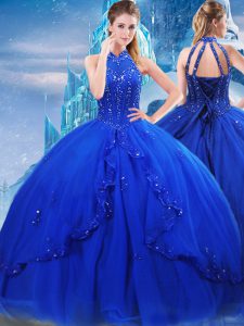 Popular Royal Blue Ball Gowns Tulle High-neck Sleeveless Beading and Ruffles Lace Up Quinceanera Dresses Brush Train