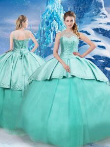 Turquoise Sleeveless Beading and Ruching Lace Up Sweet 16 Dresses