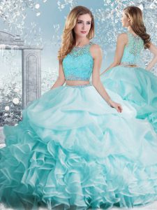 Noble Aqua Blue Sleeveless Floor Length Beading and Ruffles and Pick Ups Clasp Handle Sweet 16 Quinceanera Dress