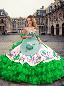 Trendy Green Ball Gowns Embroidery and Ruffled Layers Ball Gown Prom Dress Lace Up Organza and Taffeta Sleeveless Floor Length