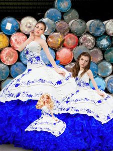 Ideal Royal Blue 15 Quinceanera Dress Military Ball and Sweet 16 and Quinceanera with Embroidery and Ruffles Strapless Sleeveless Brush Train Lace Up