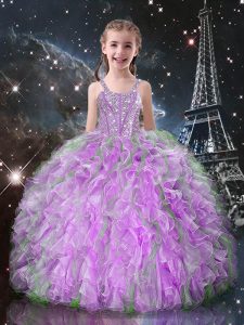 Beading and Ruffles Girls Pageant Dresses Lilac Lace Up Sleeveless Floor Length