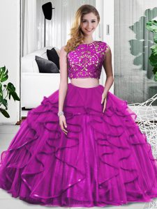 Fuchsia Two Pieces Tulle Scoop Sleeveless Lace and Ruffles Floor Length Zipper Sweet 16 Quinceanera Dress