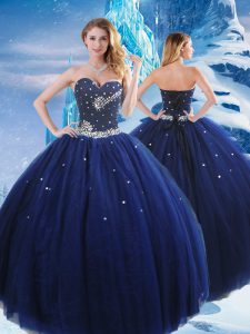 Navy Blue Sleeveless Floor Length Beading Lace Up Quince Ball Gowns
