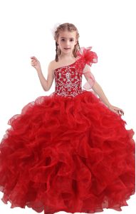One Shoulder Sleeveless Organza Kids Pageant Dress Beading and Ruffles Lace Up