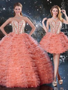 Dazzling Sweetheart Sleeveless Quinceanera Gowns Floor Length Beading and Ruffled Layers Watermelon Red Organza