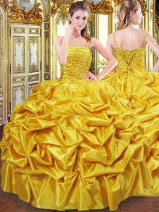 Decent Taffeta Spaghetti Straps Sleeveless Lace Up Beading and Pick Ups 15 Quinceanera Dress in Gold