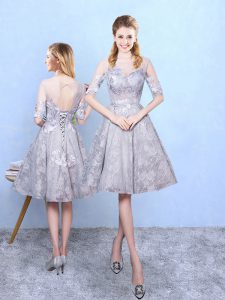 Grey A-line Printed Scoop Half Sleeves Appliques Knee Length Lace Up Quinceanera Dama Dress