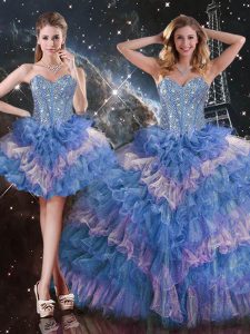 Beading and Ruffled Layers and Sequins Quince Ball Gowns Multi-color Lace Up Sleeveless Floor Length