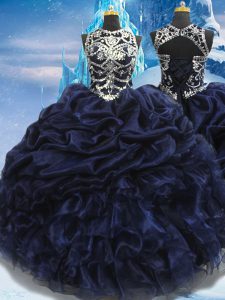 Captivating Navy Blue Sleeveless Appliques and Ruffles and Pick Ups Floor Length Sweet 16 Dresses