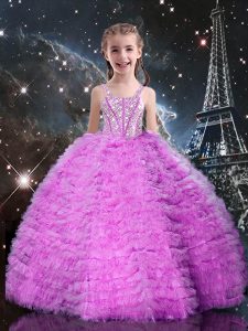 Lilac Ball Gowns Straps Sleeveless Tulle Floor Length Lace Up Beading and Ruffled Layers Little Girls Pageant Dress